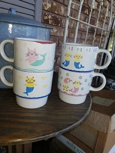 Vintage Signature Housewares Mermaid Cat Stackable Mugs Cups Purrmaid Cat Lovers - Picture 1 of 6