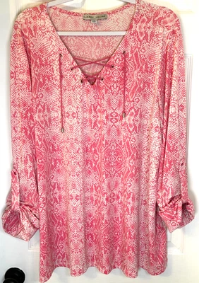 Blusa Larry Levine Talla 3X Rosa Piel de Serpiente Borla Con Cordones Campesina Túnica Top Foto 1 de 4