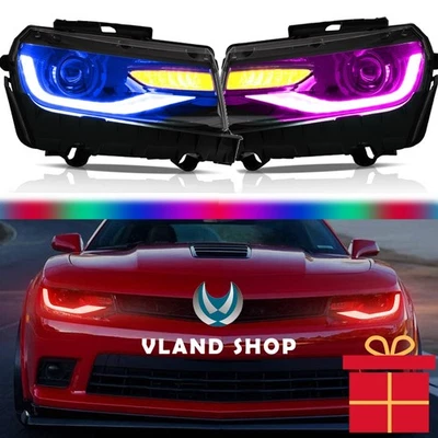 RGB LED Headlights For 2014-2015 Chevrolet Camaro Sequential Bi Beam Front Lamps - Image 1 of 4