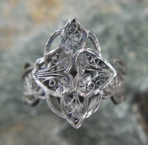 Vintage floral filigran Cocktail Ring Größe 8 Sterlingsilber offene Schnörkelarbeit - Bild 1 von 9