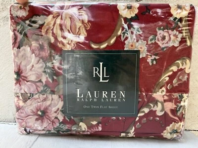 NEW Lauren Ralph Lauren Marseilles Red Floral Ruffle Trim Flat Sheet 100% Cotton - Image 1 of 4