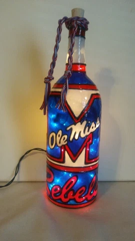 Ole Miss Inspired Hand painted Wine Bottle Lighted Stained Glass look Cover