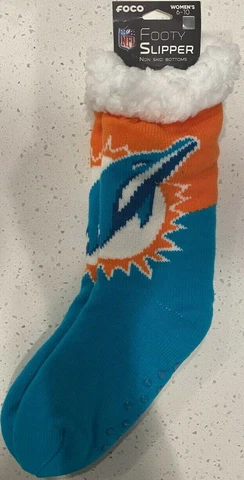 NFL Miami Dolphins Women's Foco Logo Tall Footy Slippers Size 6-10 Non Skid Cover