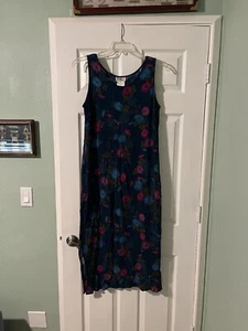 Vintage R&K Size 8 Maxi Navy Blue Floral Print Tank Dress w Side Slits 90s Y2K - Picture 1 of 6