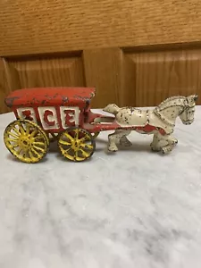 Vintage Cast Iron Horse Drawn Carriage Ice Cart Truck Wagon Toy Red White - Picture 1 of 12