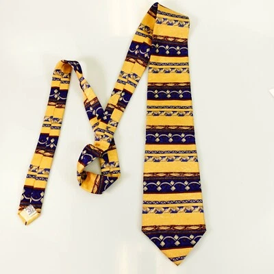 Neck Tie Mens Blue Yellow Striped Tribal Silk Ethnic Classic Suit CLAIBORNE USA - Image 1 of 4