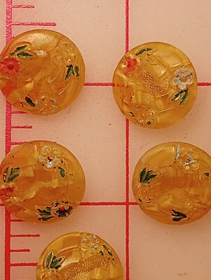 3 Vintage Czech Glass Button Hand Painted Multi Flowers Yellow Glass 3/4" 18mm - Image 1 of 4