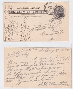 TurtlesTradingPost- Hutchins, Iowa 1899 Postal Card to Carnavield, IA- Both DPOs - Picture 1 of 1