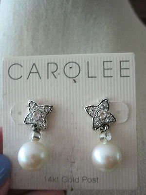 NUEVO CON ETIQUETAS Pendientes colgantes Carolee bonitos de perlas de imitación y cristal pavé postes de oro de 14K Foto 1 de 2