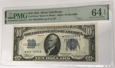 1934 $10 Silver Certificate PMG 64 CU EPQ Fr#1701m* *A Block Mule Star Note - Image 1 of 2