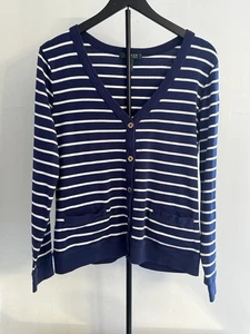 Lauren Ralph Lauren Striped Cotton Cardigan XL Navy White Nautical Coastal Prep - Picture 1 of 7