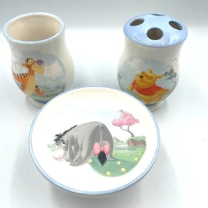 DISNEY Winnie the Pooh Bathroom 3 Piece Set Soap Dish Toothbrush Holder Canister - Picture 1 of 7