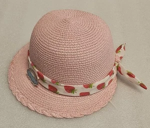 Girls Pink Straw Bonnet Sun Hat W/ Strawberry Bow Summer Easter Derby Beach Cap - Picture 1 of 13