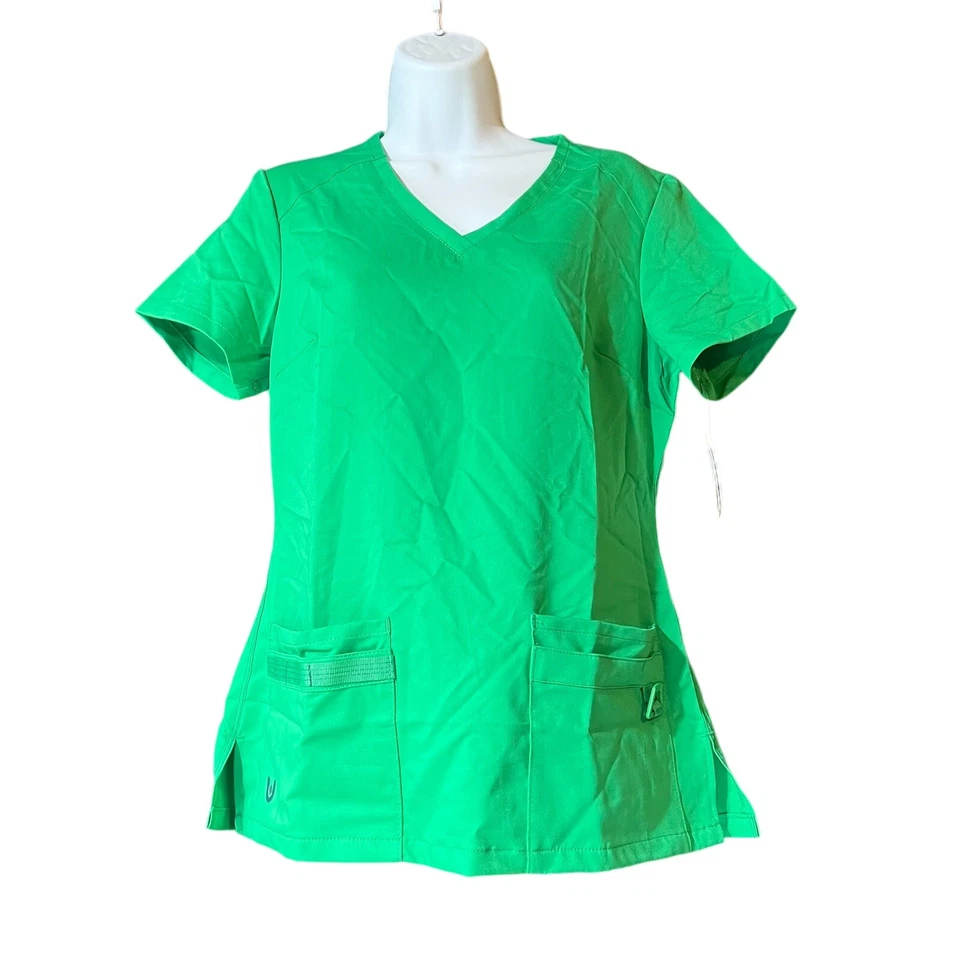 Womens Scrub Top XS Green v-neck 4 pocket utility comfortable feel quality soft - Image 1 of 4