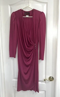 Винтажное женское платье с длинным рукавом Night Visions 80-е ярко-розовое с запахом размер 12 - Изображение 1 из 4