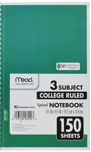 Mead Spiral Notebook 3 Subject College Ruled Paper 150 Sheets 9-1/2 x 5-1/2 - Picture 1 of 9
