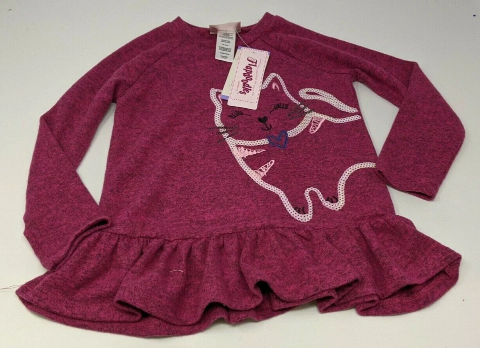 NWT Flapdoodles Girl's Long Sleeve, Dark Pink, Sequined Cat Shirt, Size (4) - Image 1 of 3