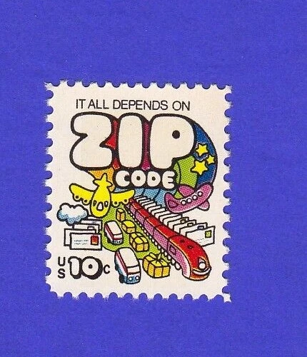 1974 IT ALL DEPENDS ON ZIP CODE STAMP MAIL 10c POSTAGE PLANE STARS TRAIN LETTERS - Image 1 of 1