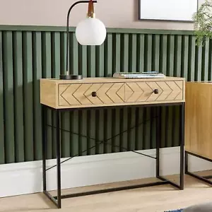 Console Table 2 Drawers Aztec Design Oak Effect Metal Legs Hallway Storage Unit - Picture 1 of 8