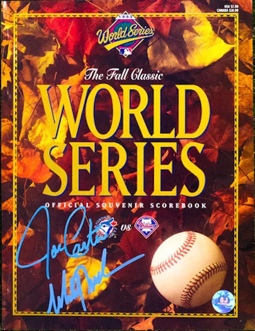 Joe Carter & Mitch Williams Doble Firmado Oficial 1993 Serie Mundial Programa MLB  Foto 1 de 1