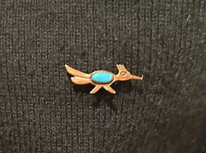 Vintage Roadrunner Turquoise on Copper Brooch Pin Tie Tack - Picture 1 of 6