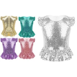 Kids Girls T-Shirt Ruffled Hem Tops Crop Tops Mermaid Costume Birthday Carnival - Picture 1 of 59