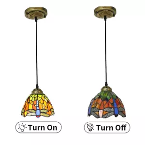 Tiffany Island Hanging Light Stained Glass Dragonfly Pattern Pendant Fixture LED - Picture 1 of 18