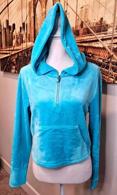 Juicy Couture Teal Velour Cropped Hoodie 1/4 Zip Size Medium - Image 1 of 4