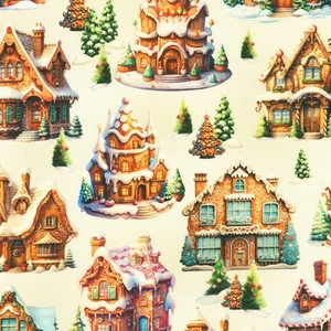 GINGERBREAD HOUSES ON CREAM FROSTED BY KAUFMAN GINGERBREAD COOKIE FABRIC HALF YD - Picture 1 of 2