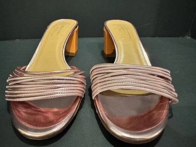 Aquazzura Firenze Italian Leather Metallic Strappy Block Heel Sandals - Size 37 — 第 1/4 张图片