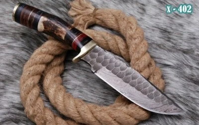 AJ SANITY KNIVES HANDMADE DAMASCUS KNIFE FIX BLADE HUNTING BOWIE SKINNER STAG ANTLER HANDLE