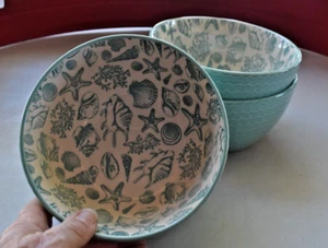 3 ~ Venice (Aqua) by Pfaltzgraff 6" Soup/Cereal Bowl Coastal Design Seashells - Picture 1 of 4