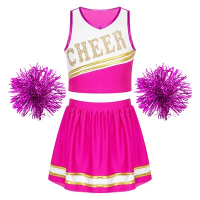 Girls Kids Dress Up Cheer Leader With Pom Poms Costume Competition School Girls - Image 1 of 4