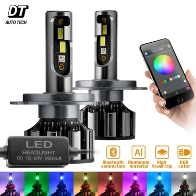 2-in-1 H4/9003 CSP LED Headlight Kit 540W 7600LM+RGB Bluetooth Phone Control - Image 1 of 4