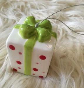 Christmas Ornament Red Polka Dot Present with bell Green Ribbon Ceramic 2.5” - Picture 1 of 10