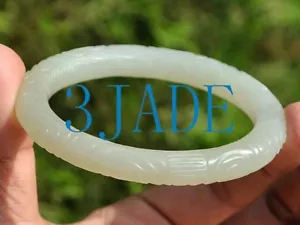 Oval 62mm-48mm White Jade Carved Brocade Pattern Bangle Bracelet w/ certificate - Picture 1 of 10