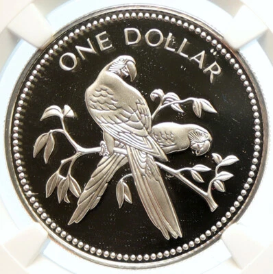 1976 BELIZE Avifauna Scarlet Macaw BIRD VINTAGE Proof Silver $1 Coin NGC i99944 - Image 1 of 4