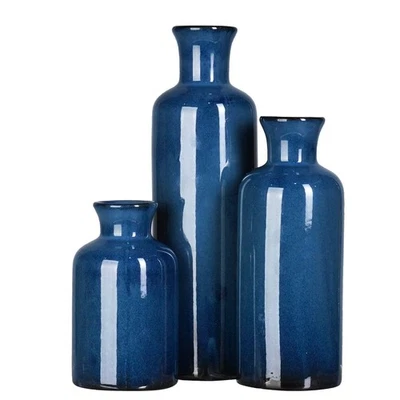 Juego de jarrones de cerámica decoración del hogar - 3 piezas modernas rústicas boho geométricas flores azules... Foto 1 de 4