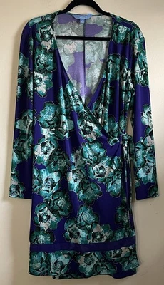 Vestido envolvente Simply Vera Vera Wang talla L púrpura floral manga larga dobladillo ribete transparente Foto 1 de 4