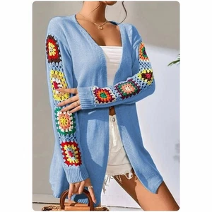 Strickjacke vorne offen Granny Square Häkelärmel blau Größe A - Bild 1 von 12