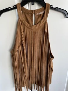 SOPRANO CAMEL FRINGE FAUX SUEDE HALTER BLOUSE TOP WOMEN’S SIZE L KEY HOLE BACK - Picture 1 of 12