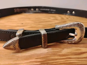Nocona Black Leather Belt 36 w/ Silver Western Buckle & Oval Concho Accents - Picture 1 of 12