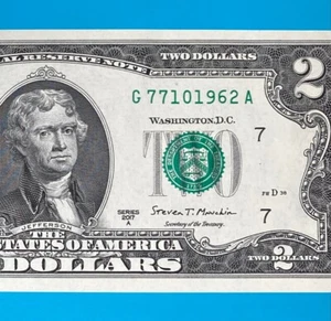 TRAILING YEAR 1962 (G 7710 1962 A) $2 Two Dollar Bill Serial Number 2017A *UNC* - Picture 1 of 4