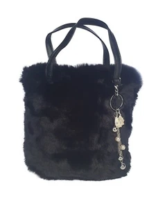 Black Faux Fur Shoulder Bag Fluffy Soft Handbag & Large Handbag Keychain Charm - Imagen 1 de 5