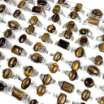 批发珠宝100件装天然老虎眼石宝石镀银戒指 — 第 1/4 张图片