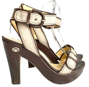 EMPORIO ARMANI Monogram Nude Strapped Brown Leather Sole Platform Sandals, 40 - Picture 1 of 14