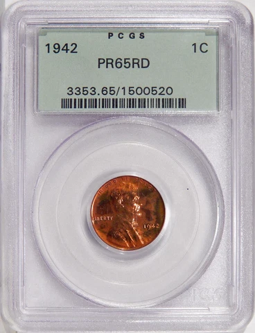 1942 1c PCGS PR 65 RED OLD GREEN HOLDER ~ GEM PROOF LINCOLN CENT Cover