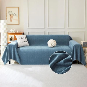 Durable Simple Blue Sofa Cover for Pets Kids Textured Herringbone Chenille Couch - Picture 1 of 9