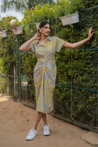 Women Ruched Maxi Dress with Buttons Cotton Linen Summer Shirt Dress Size-Small - Picture 1 of 9