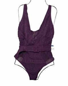 Becca one piece women' swimsuit size XL belted crochet purple adjustable straps